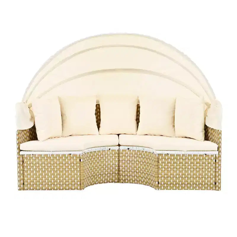 Canapé d'angle d'extérieur rond pour terrasse, lit de jardin en rotin avec auvent rétractable, tissage bicolore, 4A - ModernLuxe