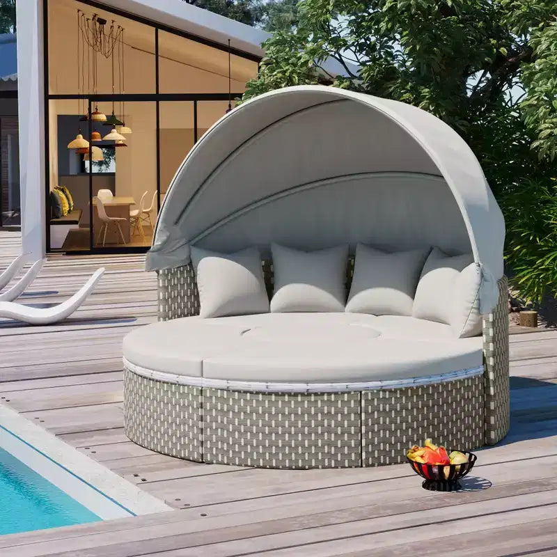 Canapé d'angle d'extérieur rond pour terrasse, lit de jardin en rotin avec auvent rétractable, tissage bicolore, 4A - ModernLuxe