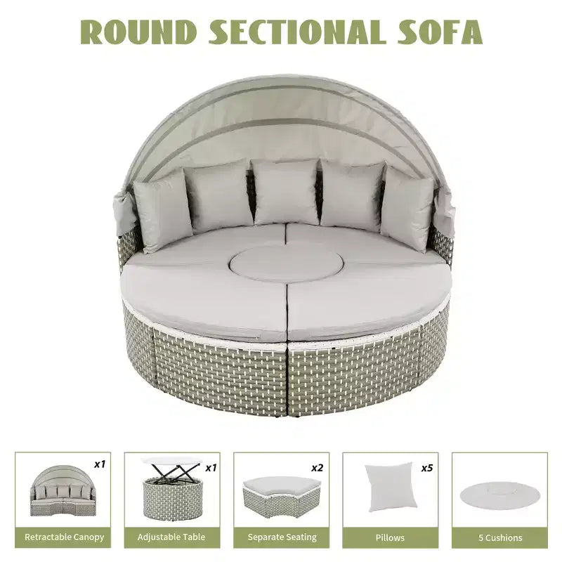 Canapé d'angle d'extérieur rond pour terrasse, lit de jardin en rotin avec auvent rétractable, tissage bicolore, 4A - ModernLuxe