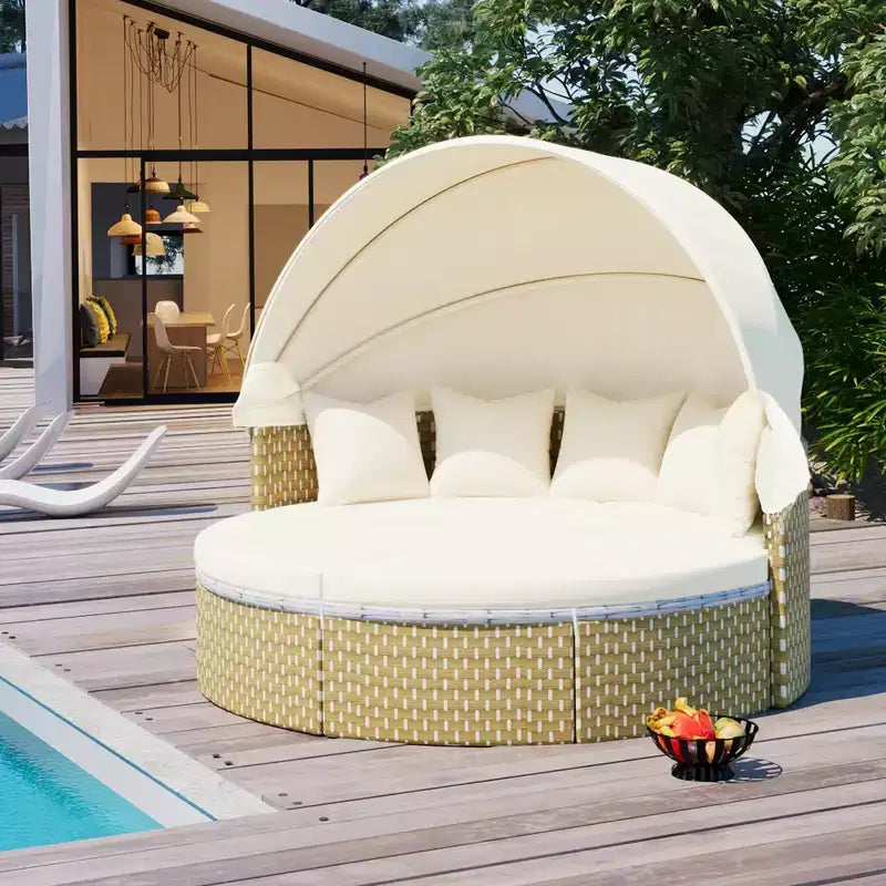 Canapé d'angle d'extérieur rond pour terrasse, lit de jardin en rotin avec auvent rétractable, tissage bicolore, 4A - ModernLuxe