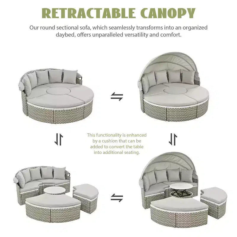 Canapé d'angle d'extérieur rond pour terrasse, lit de jardin en rotin avec auvent rétractable, tissage bicolore, 4A - ModernLuxe