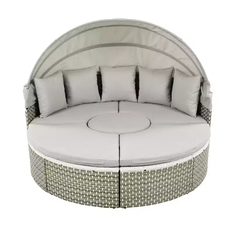 Canapé d'angle d'extérieur rond pour terrasse, lit de jardin en rotin avec auvent rétractable, tissage bicolore, 4A - ModernLuxe