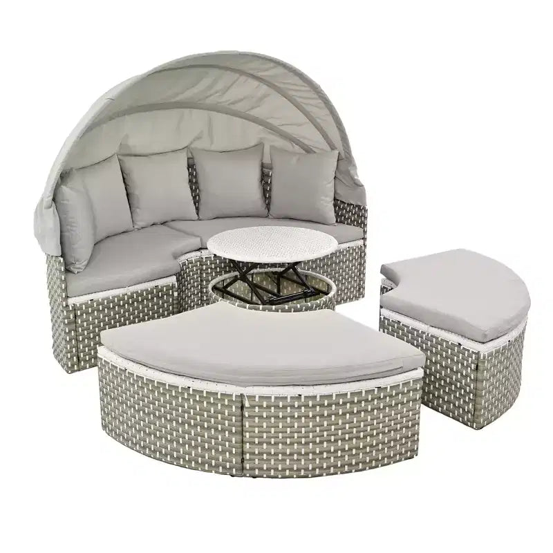 Canapé d'angle d'extérieur rond pour terrasse, lit de jardin en rotin avec auvent rétractable, tissage bicolore, 4A - ModernLuxe