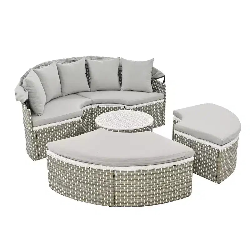 Canapé d'angle d'extérieur rond pour terrasse, lit de jardin en rotin avec auvent rétractable, tissage bicolore, 4A - ModernLuxe