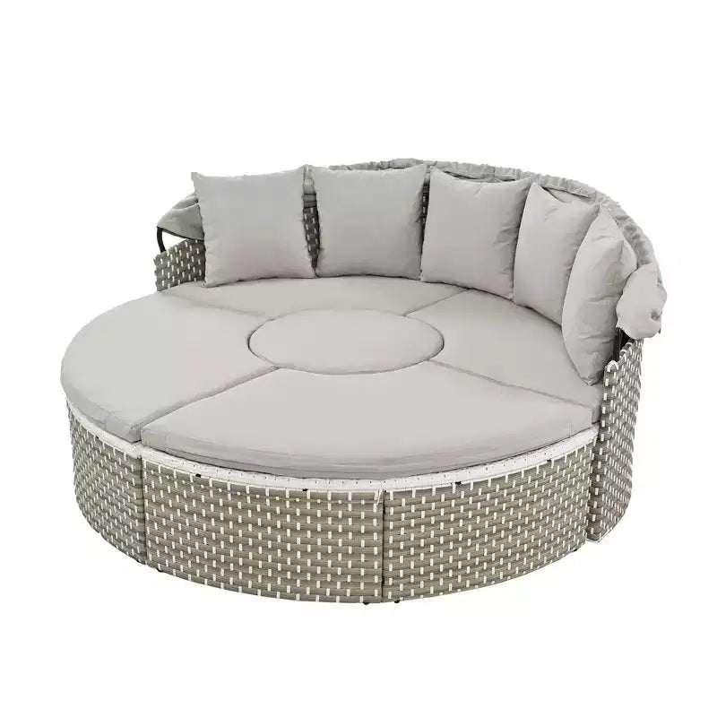 Canapé d'angle d'extérieur rond pour terrasse, lit de jardin en rotin avec auvent rétractable, tissage bicolore, 4A - ModernLuxe