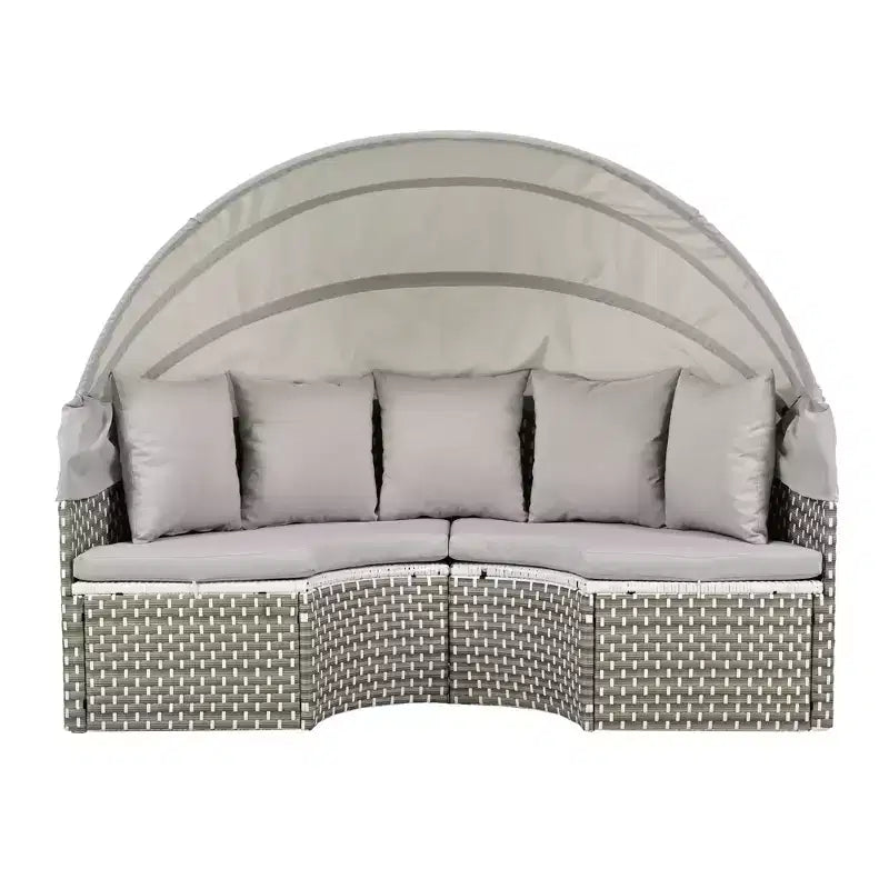 Canapé d'angle d'extérieur rond pour terrasse, lit de jardin en rotin avec auvent rétractable, tissage bicolore, 4A - ModernLuxe