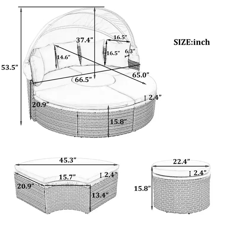 Canapé d'angle d'extérieur rond pour terrasse, lit de jardin en rotin avec auvent rétractable, tissage bicolore, 4A - ModernLuxe