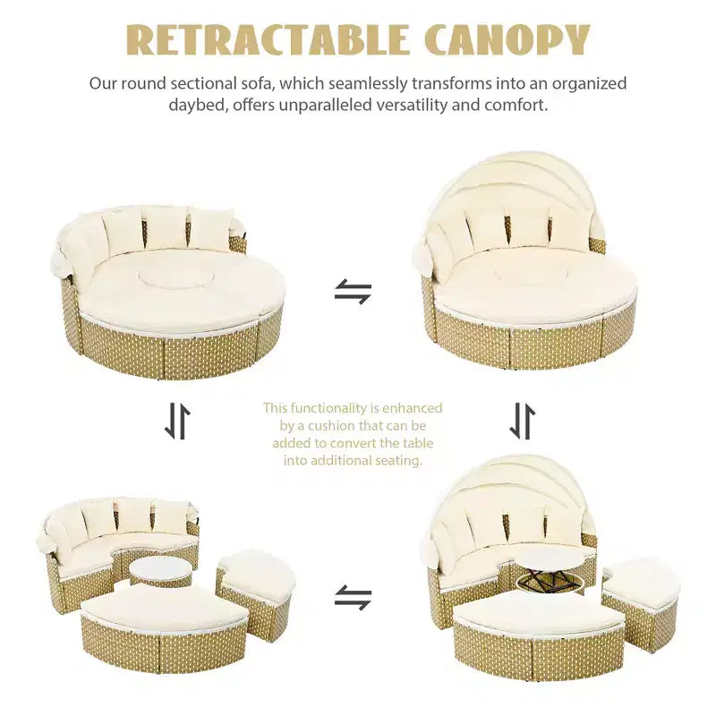 Canapé d'angle d'extérieur rond pour terrasse, lit de jardin en rotin avec auvent rétractable, tissage bicolore, 4A - ModernLuxe