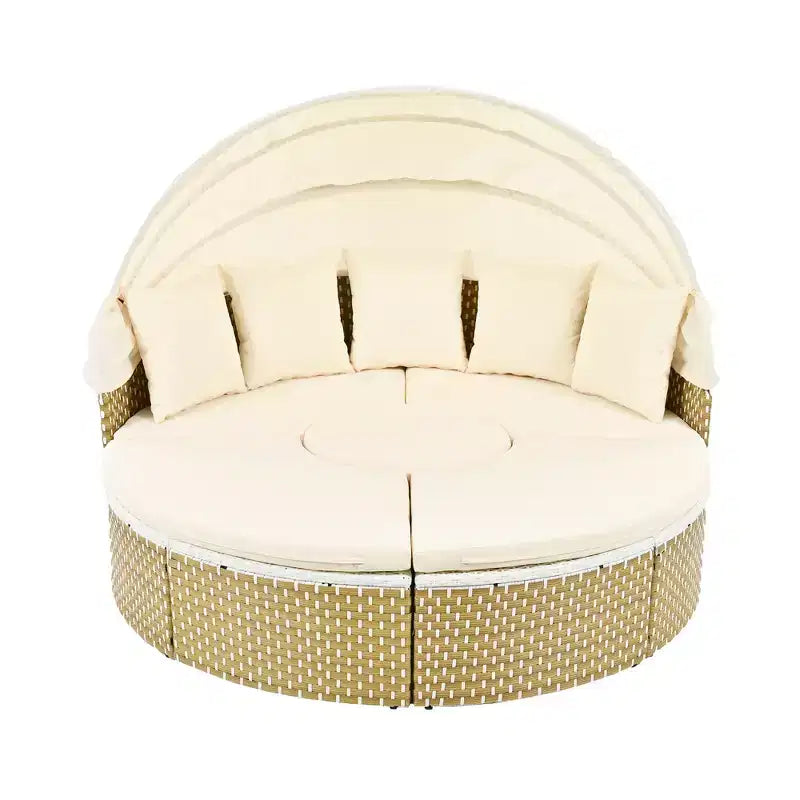 Canapé d'angle d'extérieur rond pour terrasse, lit de jardin en rotin avec auvent rétractable, tissage bicolore, 4A - ModernLuxe