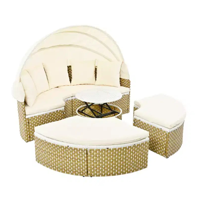 Canapé d'angle d'extérieur rond pour terrasse, lit de jardin en rotin avec auvent rétractable, tissage bicolore, 4A - ModernLuxe