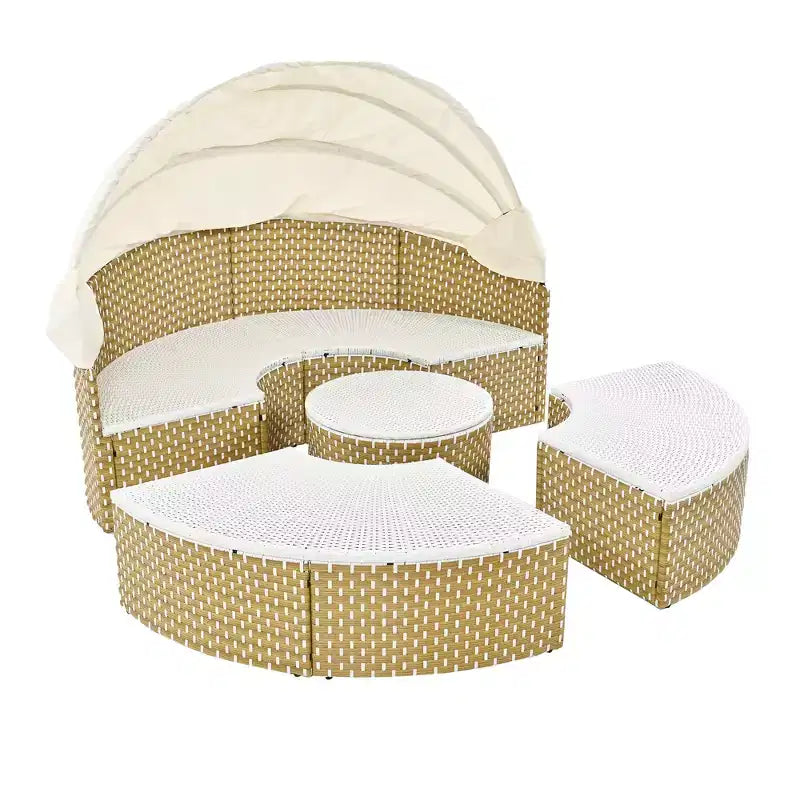 Canapé d'angle d'extérieur rond pour terrasse, lit de jardin en rotin avec auvent rétractable, tissage bicolore, 4A - ModernLuxe