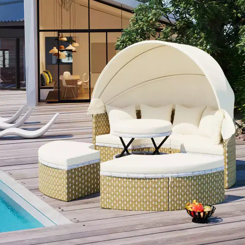Round Outdoor Patio Sectional Sofa Set Rattan Daybed Two-Tone Weave Sunbed with Retractable Canopy, 4A -ModernLuxe