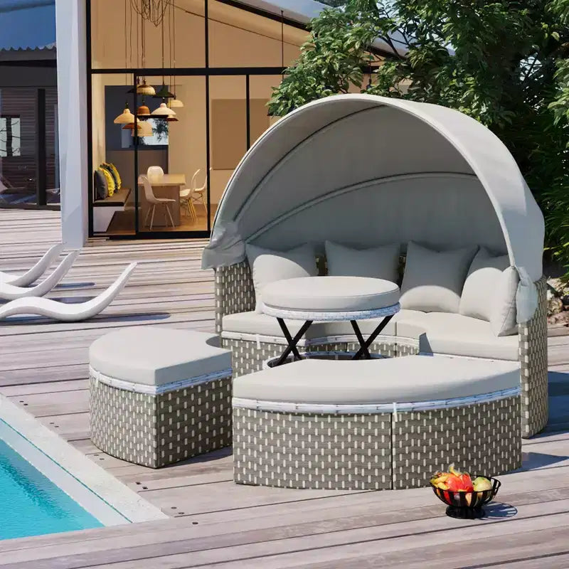 Canapé d'angle d'extérieur rond pour terrasse, lit de jardin en rotin avec auvent rétractable, tissage bicolore, 4A - ModernLuxe