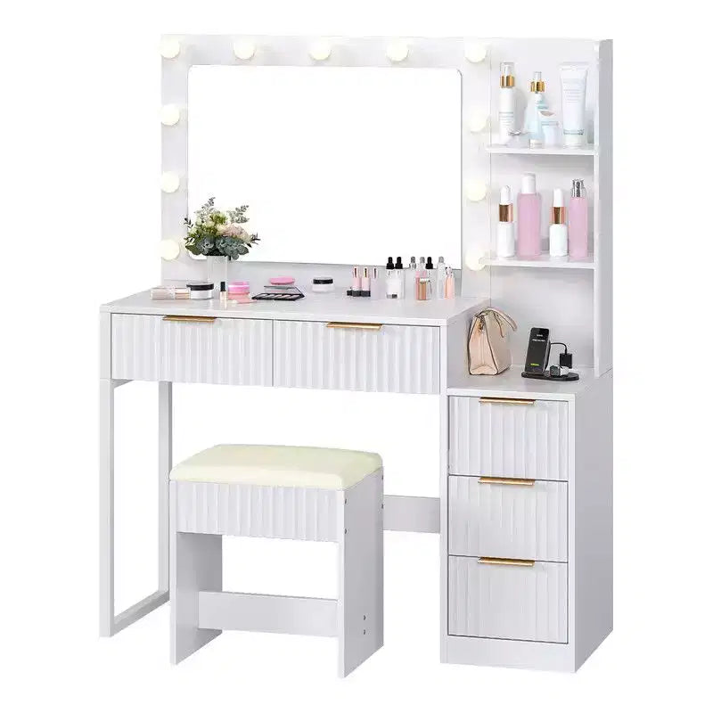 Panneau de particules blanc plaqué mélamine texturée, étagère à 2 niveaux et 5 tiroirs, avec 11 ampoules tricolores à intensité variable, ensemble coiffeuse