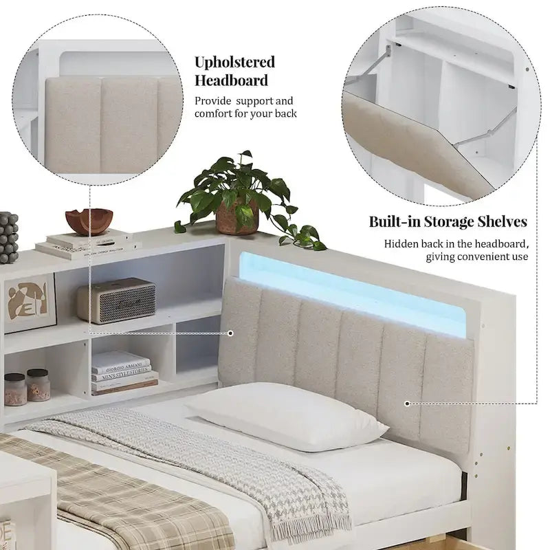 Canapé-lit en bois en L avec bureau, bibliothèque avec placard, lit d’angle avec tiroirs sous le lit, tête de lit rembourrée avec éclairage intégré