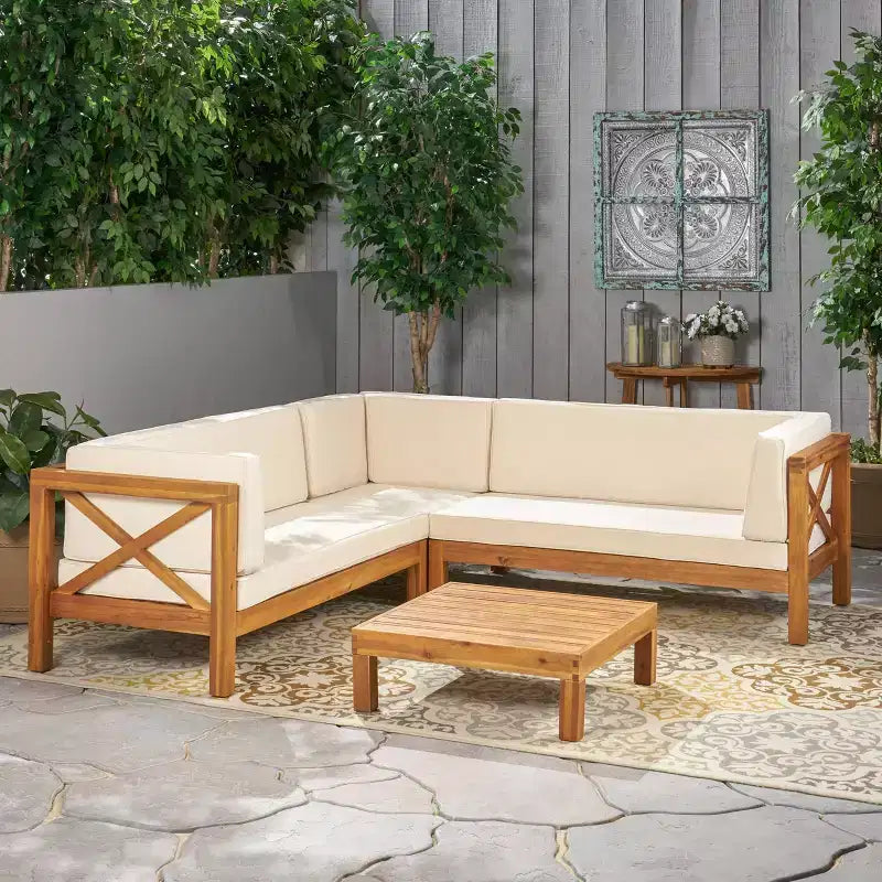 Christopher Knight Home Brava Ensemble de conversation 4 pièces de patio en bois avec coussins