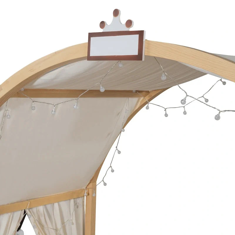Lit plateforme Montessori au sol en bois massif, style maisonnette avec toit arqué et lit gigogne, pour filles et garçons