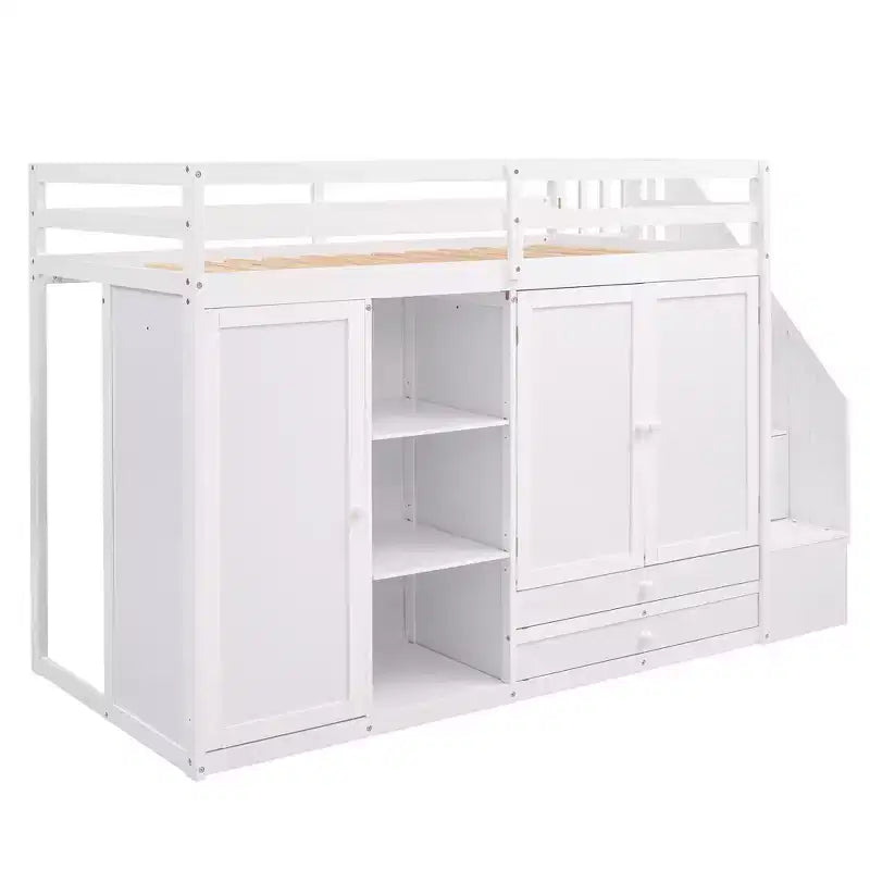Lit mezzanine fonctionnel 93.3 avec armoires, étagères, tiroirs et échelle de rangement