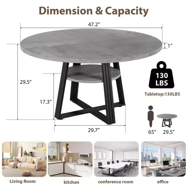 Table de salle à manger ronde pour 4 à 6 personnes, table de cuisine de 120 cm avec étagère de rangement, table à manger en bois avec base en métal pour salon, sans chaises