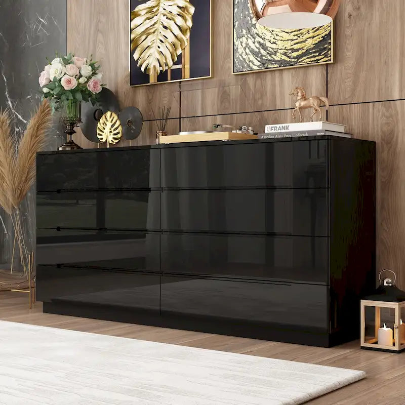 Commode 63 à finition haute brillance avec caisson éclairé à 8 tiroirs et plateau spacieux