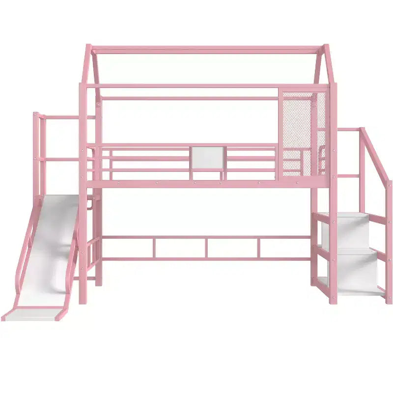 Lit mezzanine cabane avec toboggan et escalier de rangement - Cadre métallique pour enfants et adolescents