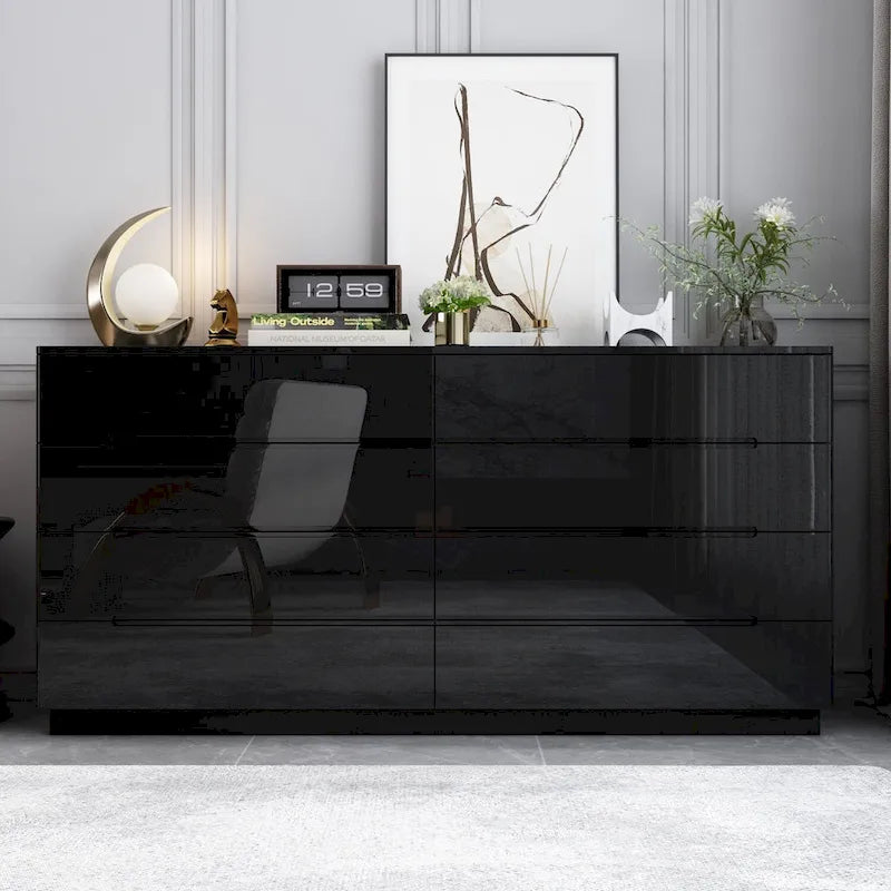 Commode 63 à finition haute brillance avec caisson éclairé à 8 tiroirs et plateau spacieux
