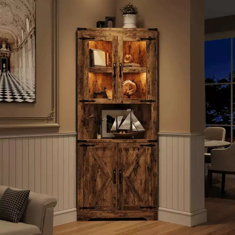 Meuble de rangement d'angle de ferme, haut, lumineux, peu encombrant, avec étagères réglables, porte vitrée, unité d'exposition pour entrée, salon, cuisine