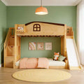 Lit superposé avec lit simple au-dessus et lit double en dessous, toboggan, étagères, escalier de rangement et armoire pour chambre d’enfant