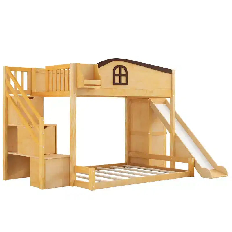 Lit superposé avec lit simple au-dessus et lit double en dessous, toboggan, étagères, escalier de rangement et armoire pour chambre d’enfant