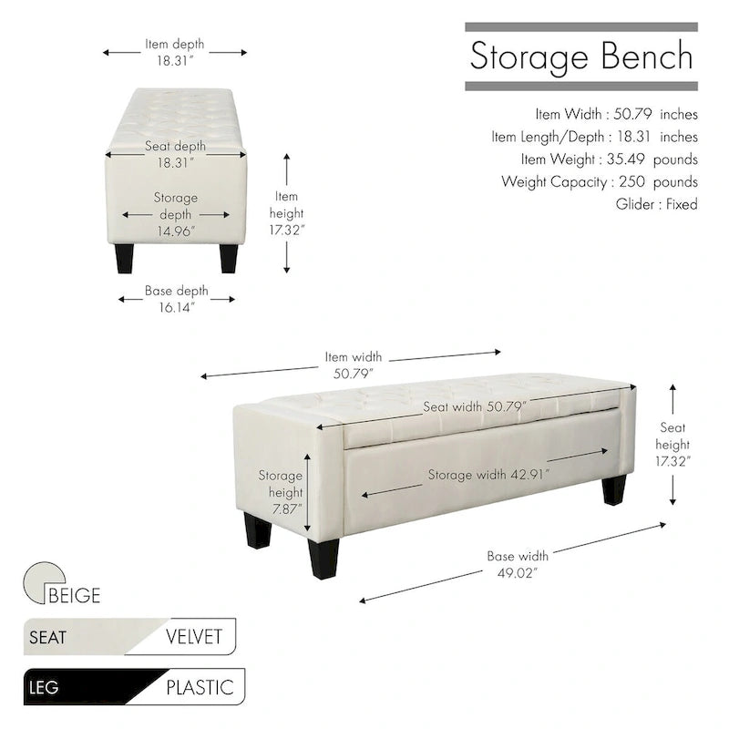 Banc de rangement capitonné en velours avec dessus rabattable