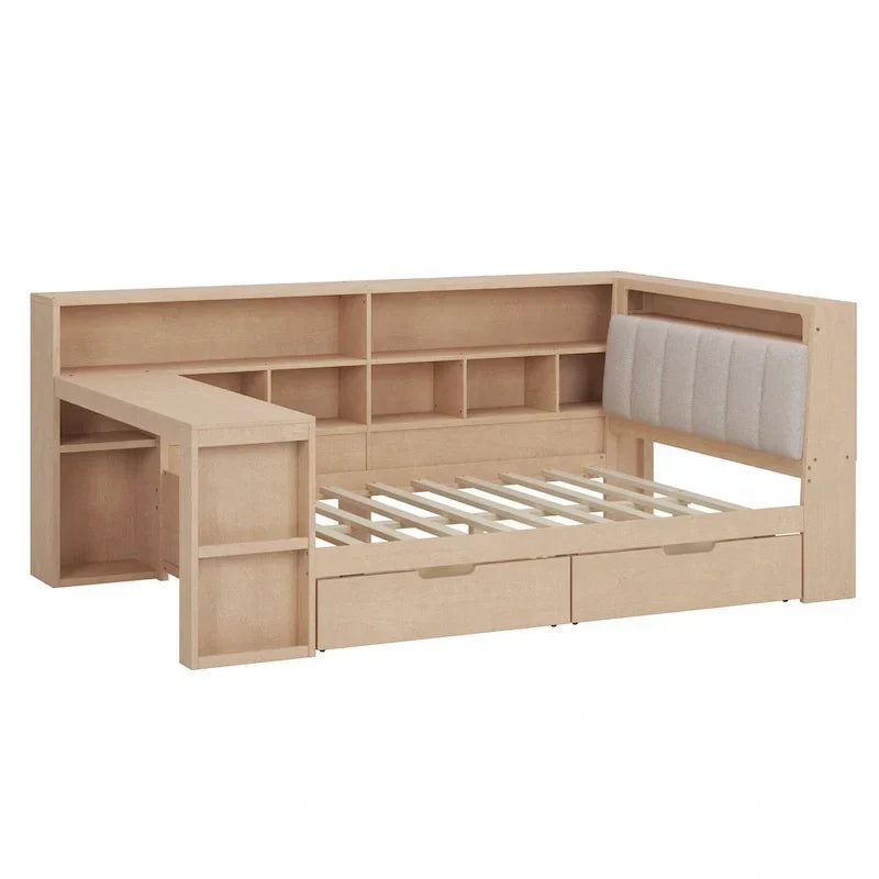 Canapé-lit en bois en L avec bureau, bibliothèque avec placard, lit d’angle avec tiroirs sous le lit, tête de lit rembourrée avec éclairage intégré
