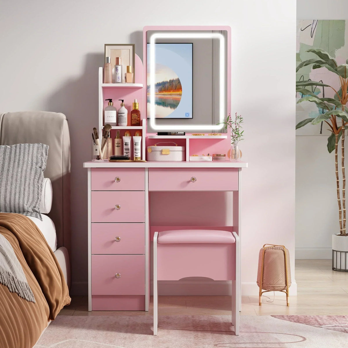 Coiffeuse avec miroir, éclairage LED et tabouret