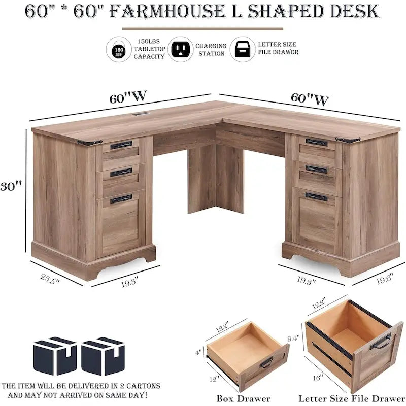 Bureau de direction en L style maison de campagne 60, bureau d'angle en bois, bureau d'ordinateur