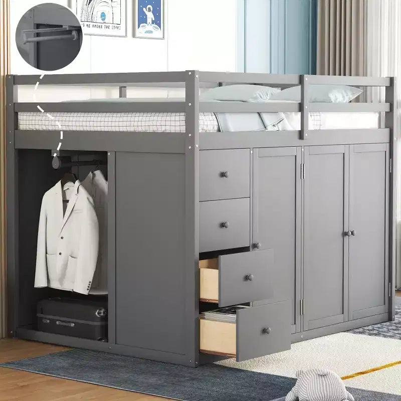 Lit mezzanine pleine taille Teddy Fleece avec étagère de rangement et tiroirs, lit mezzanine haut en bois avec bureau polyvalent pour chambre à coucher