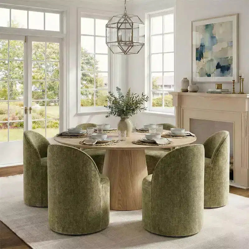 Ensemble de salle à manger moderne pour 6 personnes, table à manger ronde avec pied central, chaises de salle à manger pivotantes à roulettes, tissu chenille texturé - Panipeachy