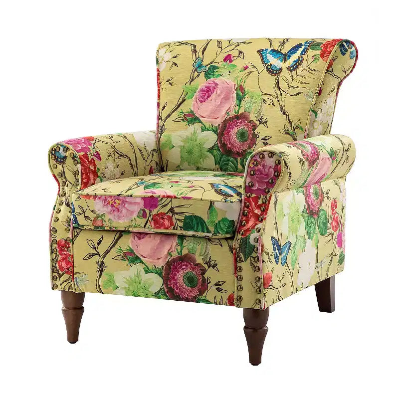 Fauteuil en bois traditionnel Araceli, rembourré à motifs floraux, avec dossier à oreilles et garniture cloutée | ART OF LIVING DESIGNS