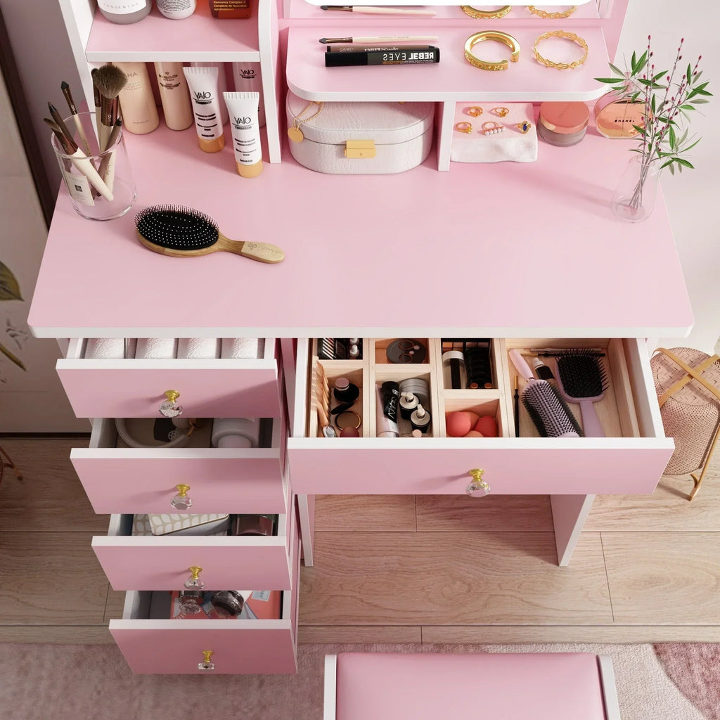 Coiffeuse avec miroir, éclairage LED et tabouret