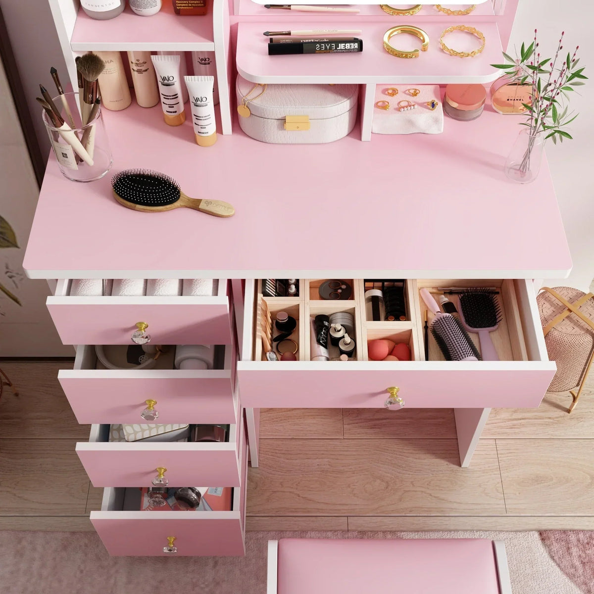 Coiffeuse avec miroir, éclairage LED et tabouret
