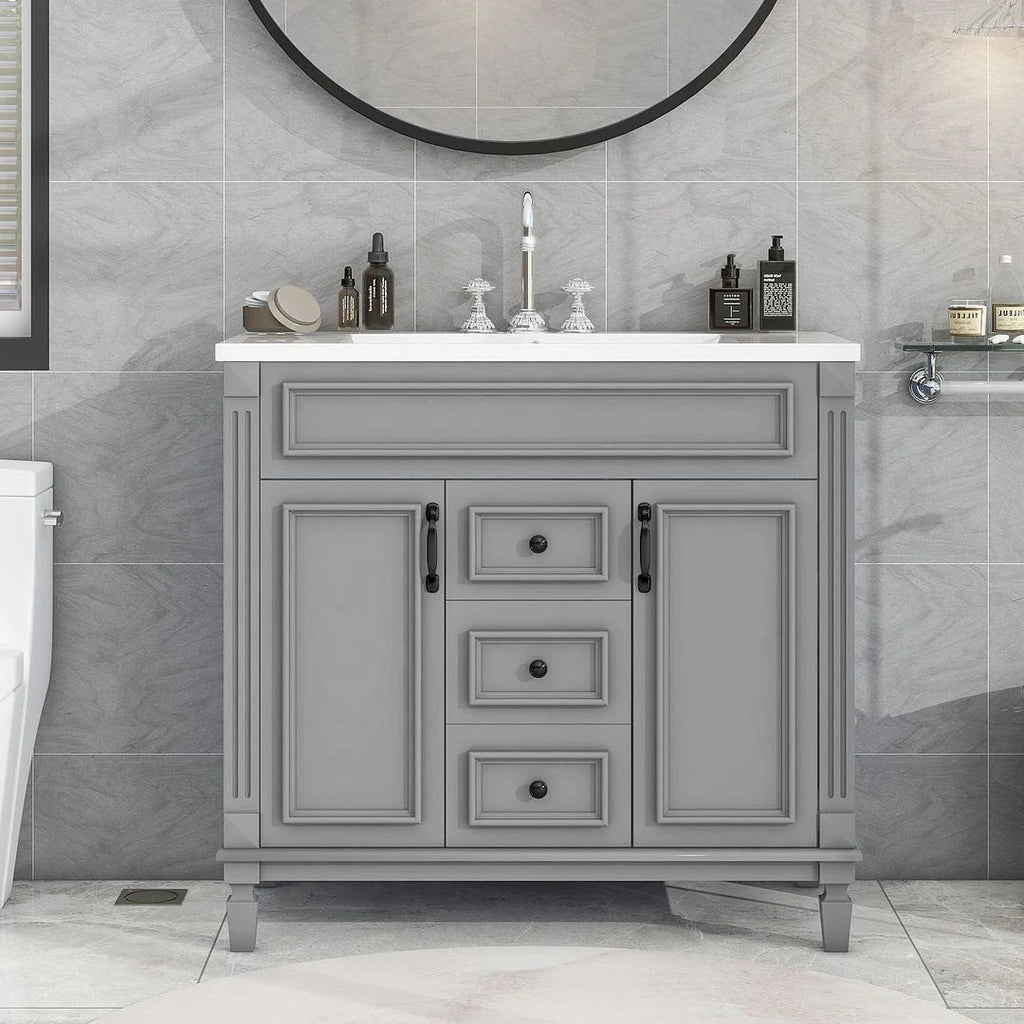 Meuble-lavabo de salle de bain moderne de 91 cm avec lavabo et armoire de toilette, 2 portes et 2 tiroirs