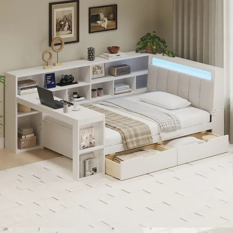 Canapé-lit en bois en L avec bureau, bibliothèque avec placard, lit d’angle avec tiroirs sous le lit, tête de lit rembourrée avec éclairage intégré