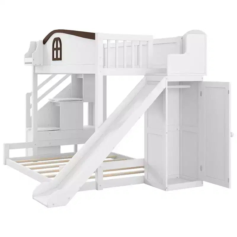 Lit superposé avec lit simple au-dessus et lit double en dessous, toboggan, étagères, escalier de rangement et armoire pour chambre d’enfant