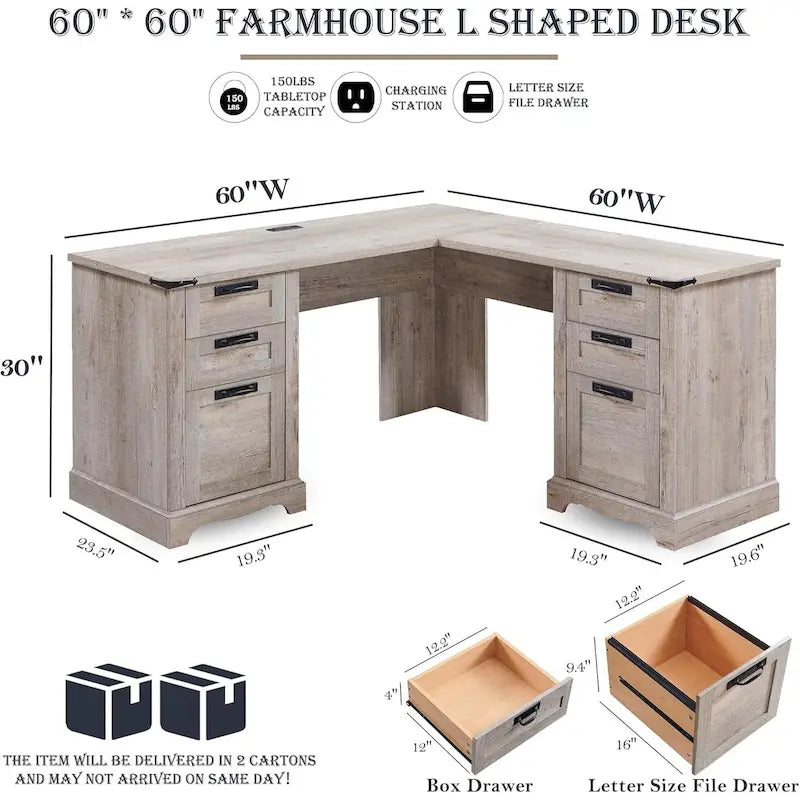 Bureau de direction en L style maison de campagne 60, bureau d'angle en bois, bureau d'ordinateur