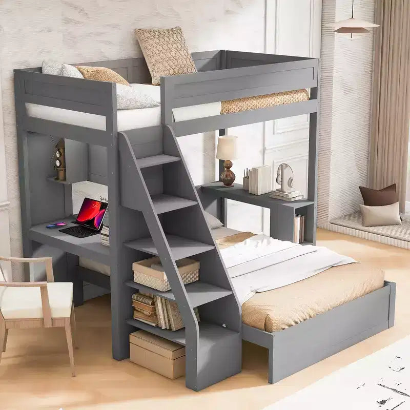 Lit superposé simple XL sur double avec bureau et USB, en bois massif avec étagères latérales et rangement sous le lit