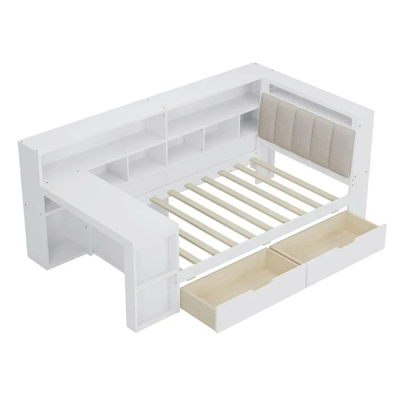 Canapé-lit en bois en L avec bureau, bibliothèque avec placard, lit d’angle avec tiroirs sous le lit, tête de lit rembourrée avec éclairage intégré