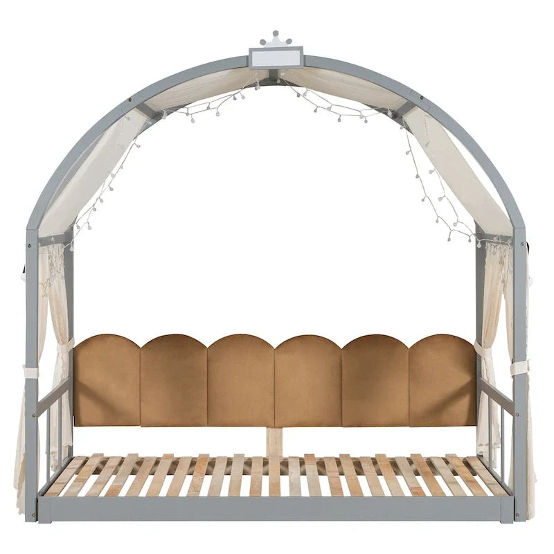Lit plateforme Montessori au sol en bois massif, style maisonnette avec toit arqué et lit gigogne, pour filles et garçons