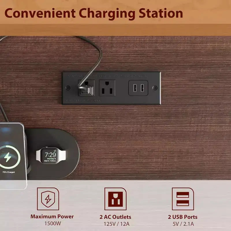 Bureau de travail style Ferme avec station de charge et classeur, 136 cm