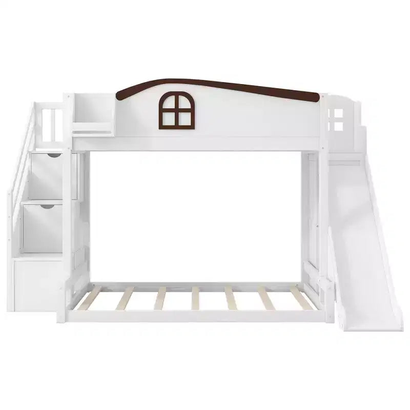 Lit superposé avec lit simple au-dessus et lit double en dessous, toboggan, étagères, escalier de rangement et armoire pour chambre d’enfant