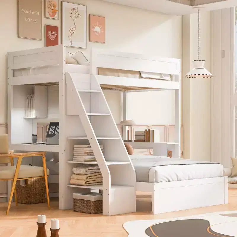 Lit superposé simple XL sur double avec bureau et USB, en bois massif avec étagères latérales et rangement sous le lit