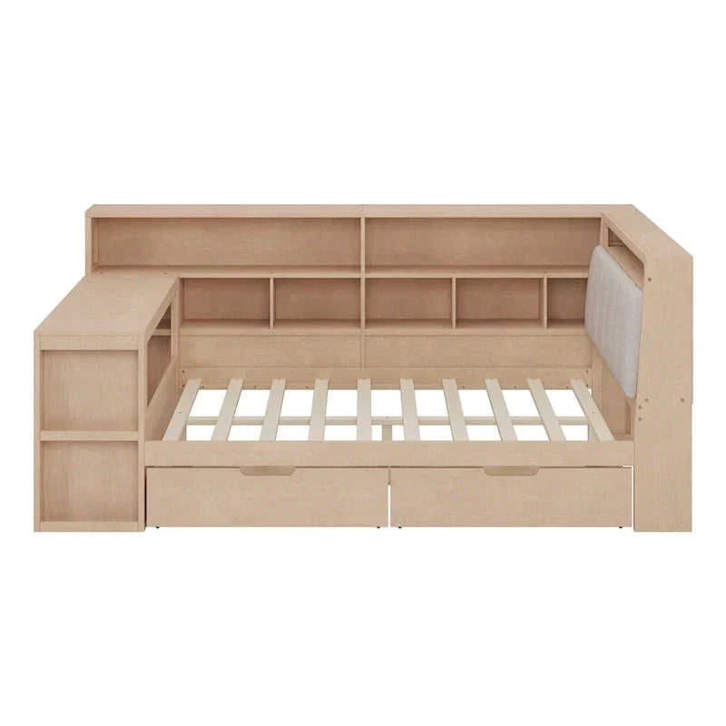 Canapé-lit en bois en L avec bureau, bibliothèque avec placard, lit d’angle avec tiroirs sous le lit, tête de lit rembourrée avec éclairage intégré