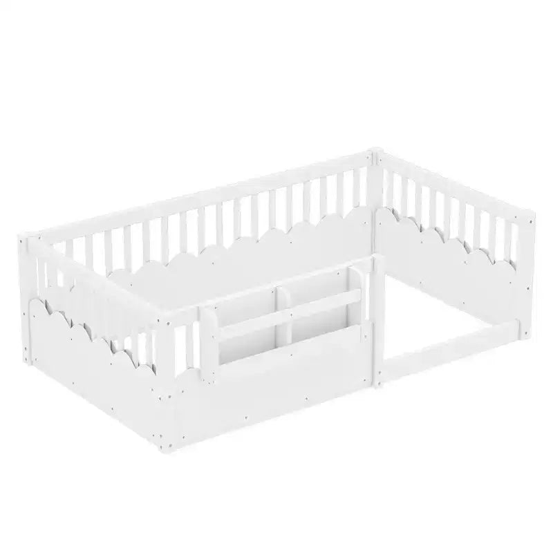 Lit d'enfant Bellemave avec clôture rehaussée et étagère, cadre de lit Montessori double en bois pour filles et garçons